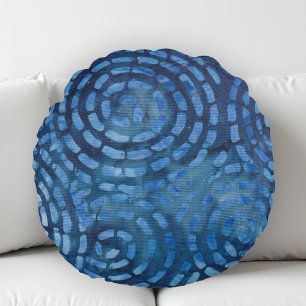 Blaue Abstrakte Spiralen Boho Batik Rundes Kissen