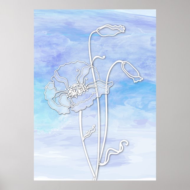 Blaue Abstrakte Wasserfarbe und Poppies Poster (Vorne)