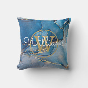 Blaue Achat-Geode Gold-Monogramm-Name Kissen