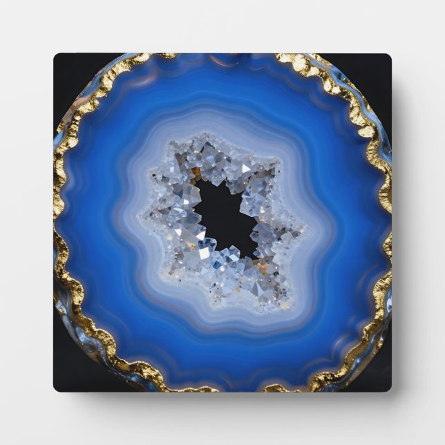 Blaue Achat-Geode mit Goldrand Kristall-Kunst Fotoplatte (Vorderseite)