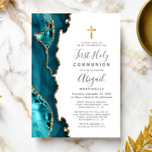Blaue Achat-Gold-Glitter Erste Heilige Kommunion Einladung