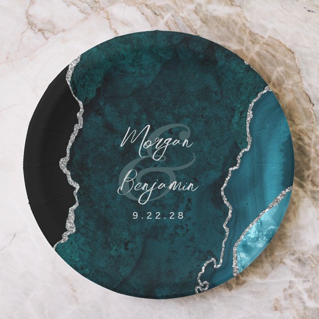 Blaue Achat-Silber-Schrift Hochzeit Pappteller (Von Creator hochgeladen)