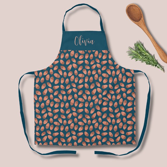 Blaue Acorn-Muster Schürze (Fall autumn acorn pattern kitchen apron.  Personalize with your own name or text.)