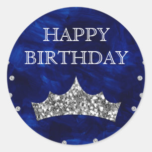Blaue Acryl- und Silber-Glitter-Kronen-Geburtstag Runder Aufkleber