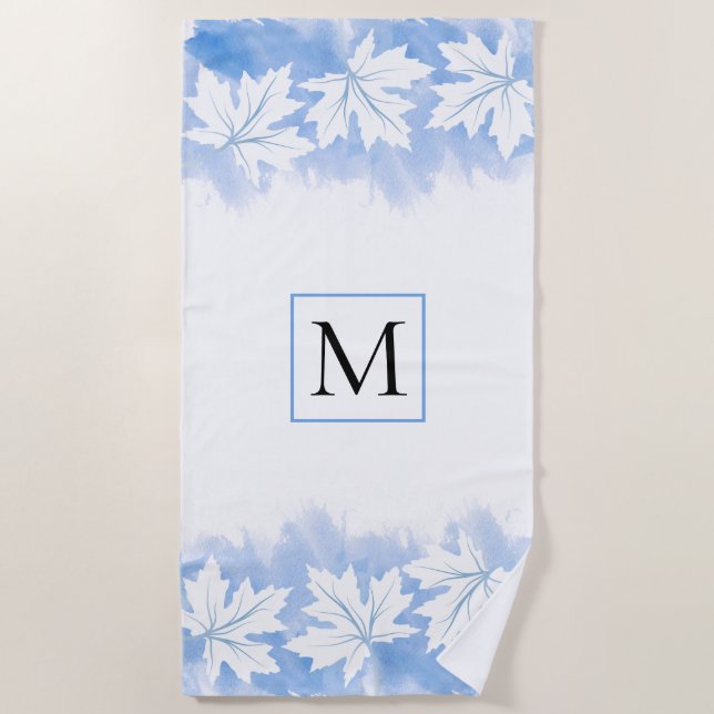 Blaue Ahornblattwasserfarbe und Monogramm Strandtuch (Vorderseite)