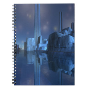 Blaue alien-Hafen-Stadt-gewundenes Notizbuch Notizblock