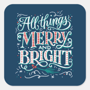 Blaue All Things Merry & Bright Weihnachtssticker Quadratischer Aufkleber
