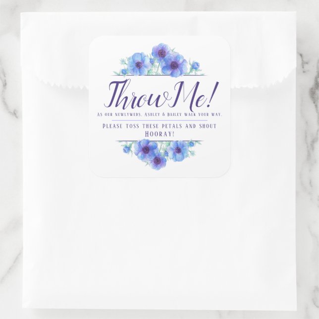 Blaue Anemone Blume Hochzeit werfen mir Blätter Quadratischer Aufkleber (Tasche)