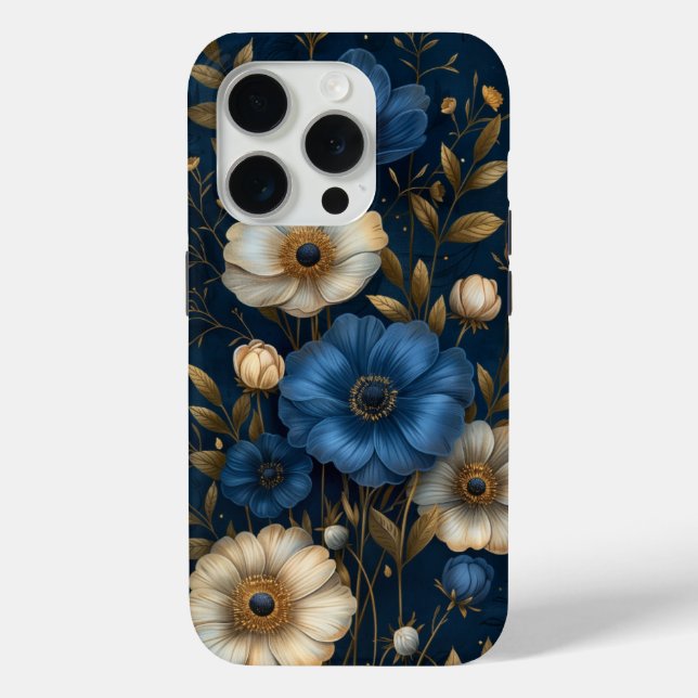 Blaue Anemone Florales Gold Design Case-Mate iPhone Hülle (Rückseite)