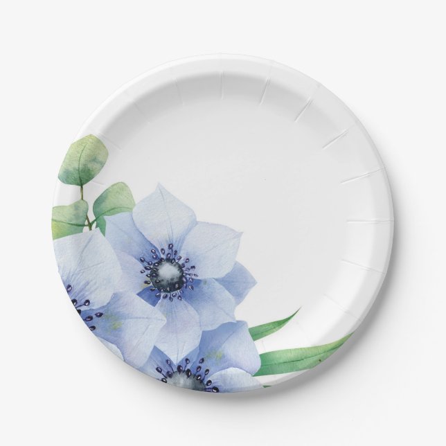 Blaue Anemone und Eukalyptus Wedding Pappteller (Vorderseite)