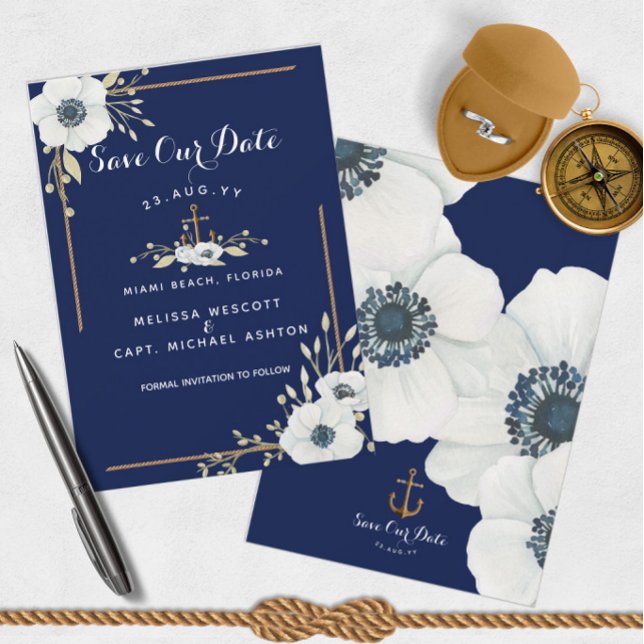 Blaue Anemone und Hochzeit der Nautic White Anemon Save The Date (Navy Blue & White Anemone Nautical Save Our Date Announcements)