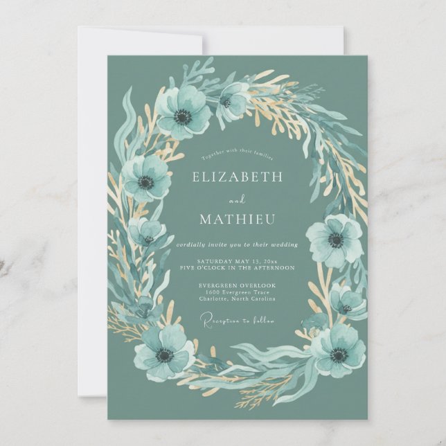 Blaue Anemonen-Blatt-Hochzeit Einladung (Vorderseite)