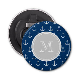 Blaue Ankermuster, graues Monogramm Flaschenöffner