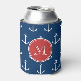 Blaue Ankermuster, rotes Monogramm Dosenkühler