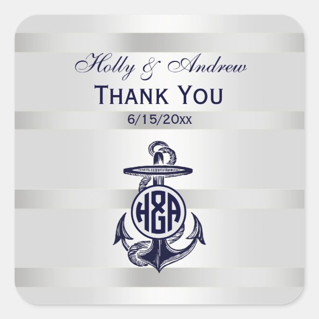 Blaue Ankersilber, weißes Navy Circle Monogram 33 Quadratischer Aufkleber (Vorderseite)