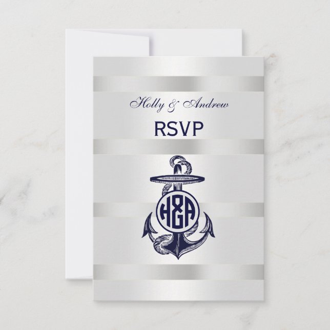Blaue Ankersilber, weißes Navy Circle Monogram 33 RSVP Karte (Vorderseite)
