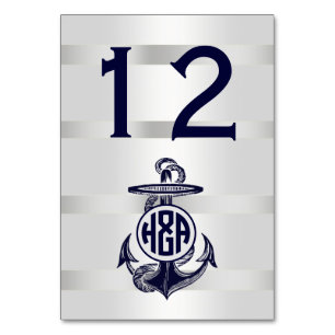 Blaue Ankersilber, weißes Navy Circle Monogram 33 Tischnummer
