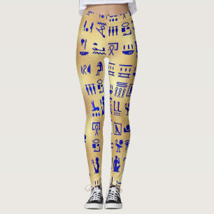 Blaue antike ägyptische Hieroglyphen auf Gold Leggings