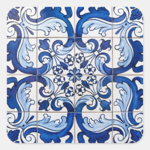 Blaue Antike Azulejo-Fliesenmosaik Quadratischer Aufkleber