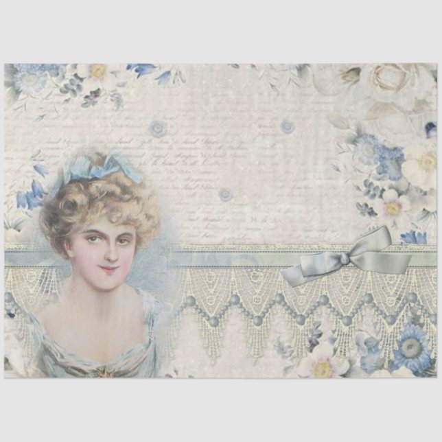 Blaue Antike Vintage Viktorianische Blumendekoupag Seidenpapier (Vorderseite)