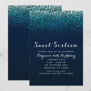 Blaue Aqua-Marine Glitter Funkel Süße 16 Party Einladung