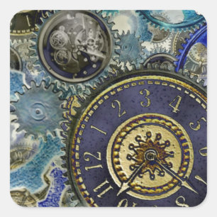 Blaue Aqua-Steampunk-Gänge, Zahnräder, Uhren, Zeit Quadratischer Aufkleber