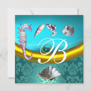 BLAUE AQUAMARIN-Damask-BEACH-HOCHZEIT-MONOGRAMM Einladung