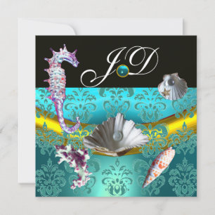 BLAUE AQUAMARIN DAMAST HOCHZEIT MONOGRAMM EINLADUNG