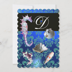 BLAUE AQUAMARIN DAMAST STRAND HOCHZEIT MONOGRAMM EINLADUNG