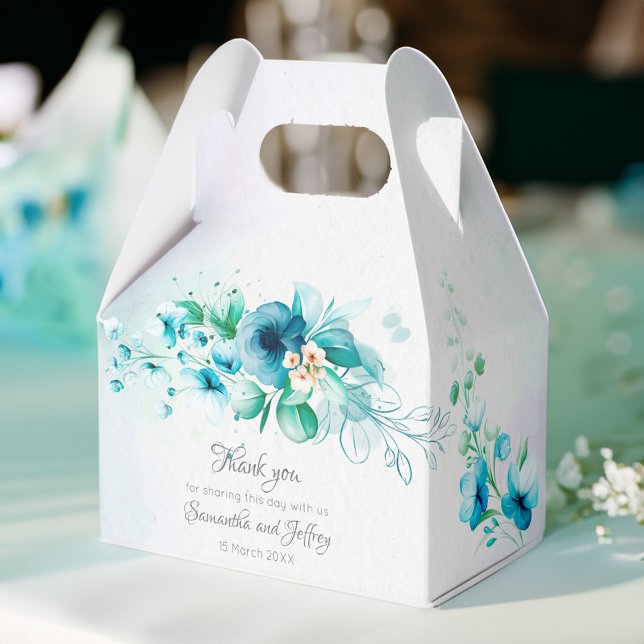 Blaue aquamarine Blume Blumenkiste Gastgeschenk Ho Geschenkschachtel (Blue teal green flowers floral personalized wedding favor box wedding favors aqua blue floral)