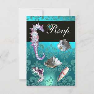 BLAUE AQUAMARINE DAMASK BEACH WEDD UAWG RSVP KARTE