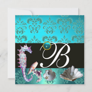 BLAUE AQUAMARINE DAMASK BEACH WEDING MONOGRAM EINLADUNG