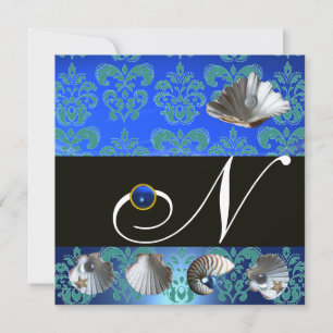 BLAUE AQUAMARINE DAMASK BEACH WEDING MONOGRAM EINLADUNG