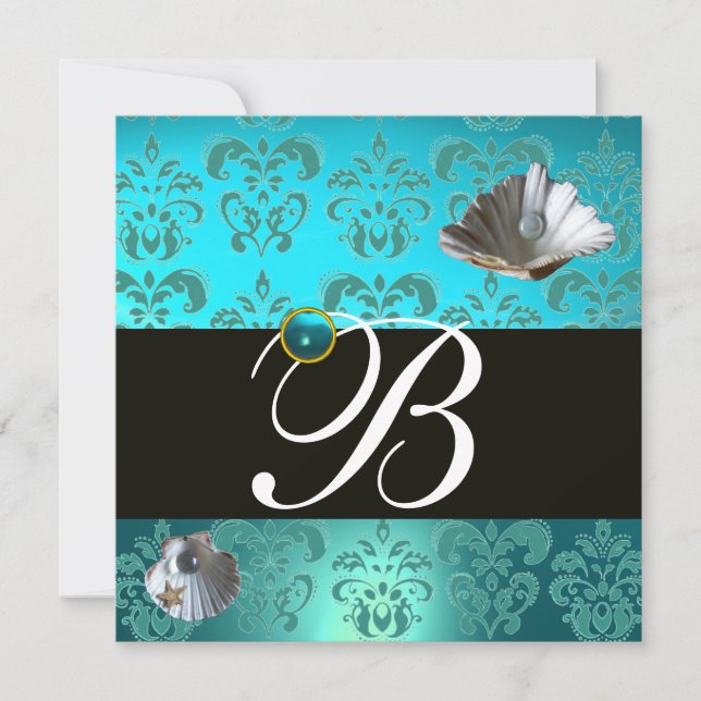 BLAUE AQUAMARINE DAMASK BEACH WEDING MONOGRAM EINLADUNG (Vorderseite)