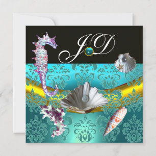 BLAUE AQUAMARINE DAMASK BEACH WEDING MONOGRAM EINLADUNG