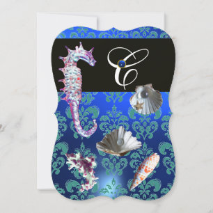 BLAUE AQUAMARINE DAMASK BEACH WEDING MONOGRAM EINLADUNG