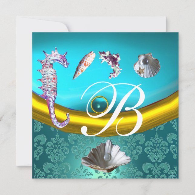 BLAUE AQUAMARINE DAMASK BEACH WEDING MONOGRAM EINLADUNG (Vorderseite)