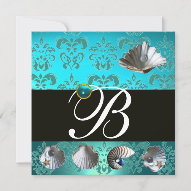 BLAUE AQUAMARINE DAMASK BEACH WEDING MONOGRAM EINLADUNG (Vorderseite)