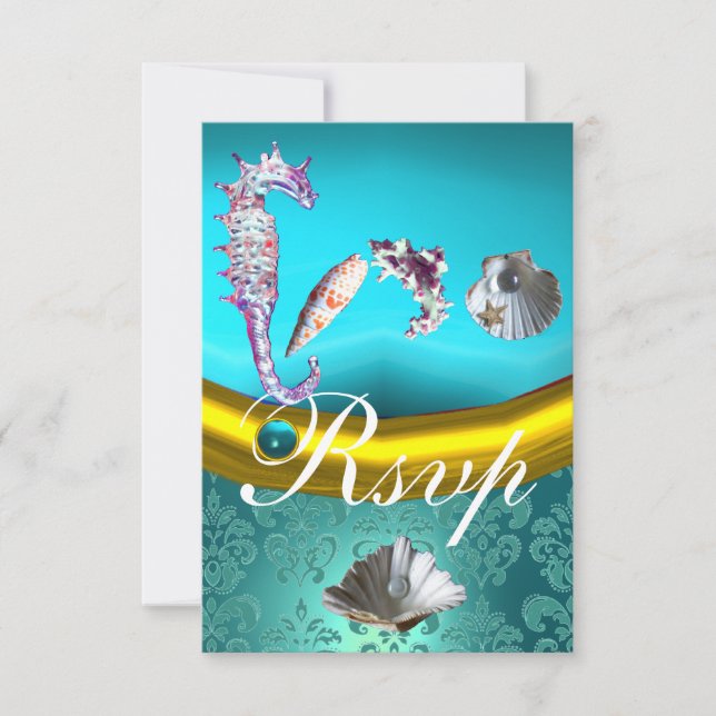 BLAUE AQUAMARINE DAMASK BEACH WEDING MONOGRAM RSVP KARTE (Vorderseite)