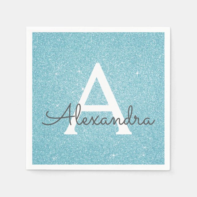 Blaue Aquamarine Glitzer und Sparkle Monogram zum  Serviette (Vorderseite)