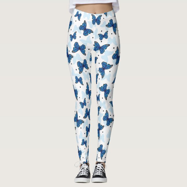Blaue Aquamarine Monarchschmetterlingsmuster Leggi Leggings (Vorderseite)