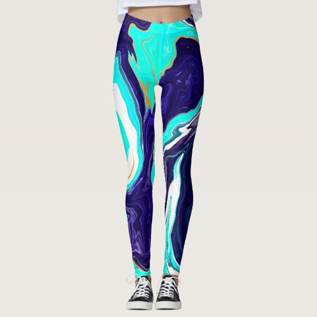 Blaue Aquamarine Ozeane Wirbel Marmorflüssiges Kun Leggings (Vorderseite)