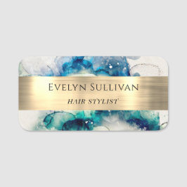 Blaue Aquamarine Wasserfarbe und Goldfolie Namensschild