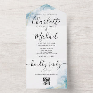 Blaue Aquarell-Abstrakte Schrift QR-Code-Hochzeit All In One Einladung