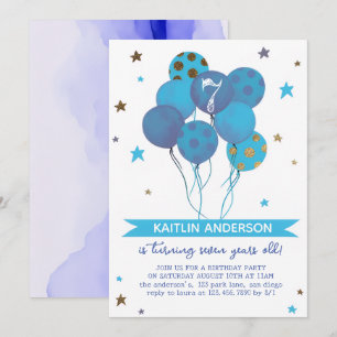 Blaue Aquarell-Balloons Mädchen 7. Geburtstagsfeie Einladung