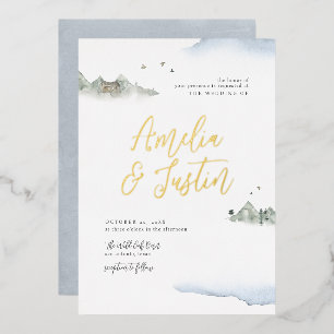 Blaue Aquarell-Berg-Destination-Hochzeit Folieneinladung