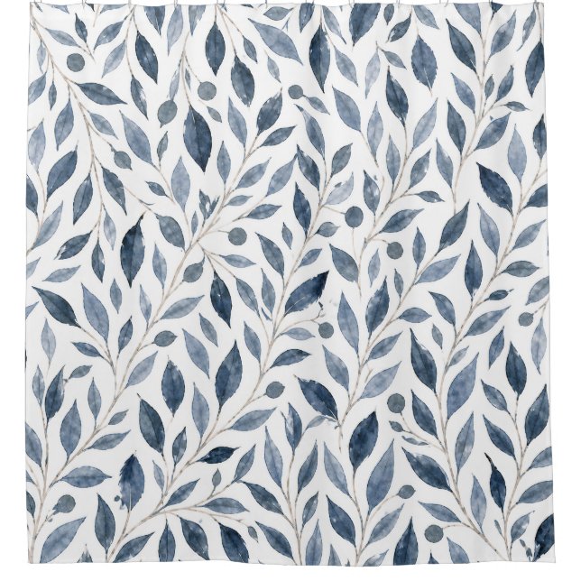 Blaue Aquarell-Blätter Botanischer Duschvorhang (Vorderseite)
