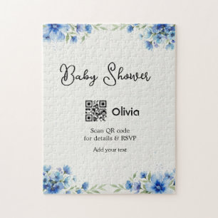 Blaue Aquarell-Blumen-Baby-Party-Scan-QR-RSVP-pa Puzzle