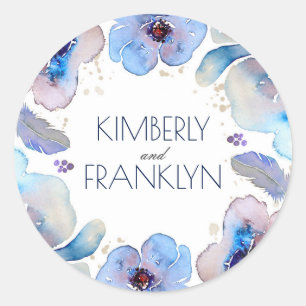 Blaue Aquarell-Blumen Boho-Federn Hochzeit Runder Aufkleber