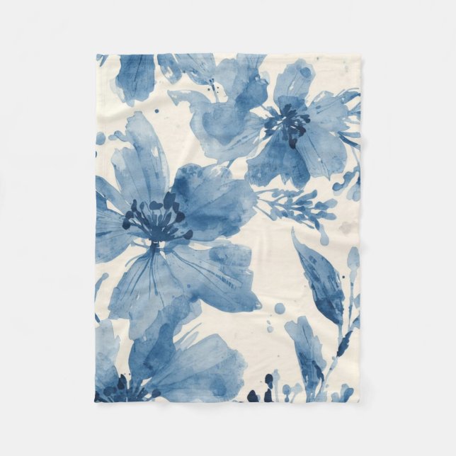 Blaue Aquarell-Blumen Botanisch Whimsical Fleecedecke (Vorderseite)